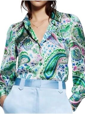 Zara Floral Paisley Button-Front Satin Blouse, M